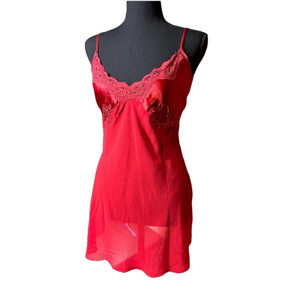 Vtg Y2K Red Sheer & Satin Slip Dress XS/SM Goth Babydoll Romantic Coquette Mini